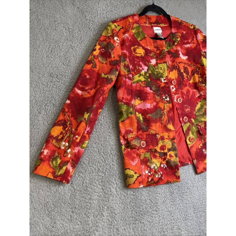 Chicos Button Up‎ Jacket Red Pink Coral Long Sleeve Blouse Coat Womens Size 0 - Picture 2 of 16